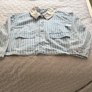 Striped Light Blue Cropped Jacket with Cream Collar